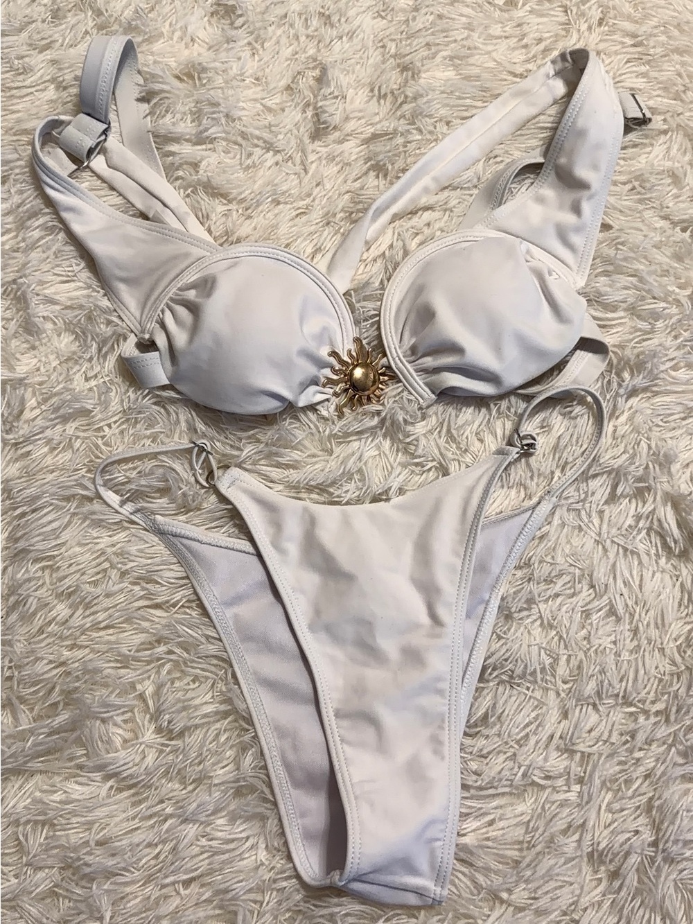White Women's Bikini Set with Gold Sun Accent